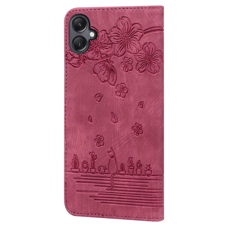 For Samsung Galaxy A05 Cartoon Sakura Cat Embossed Leather Phone Case
