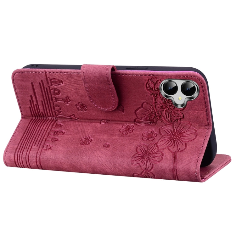 For Samsung Galaxy A05 Cartoon Sakura Cat Embossed Leather Phone Case
