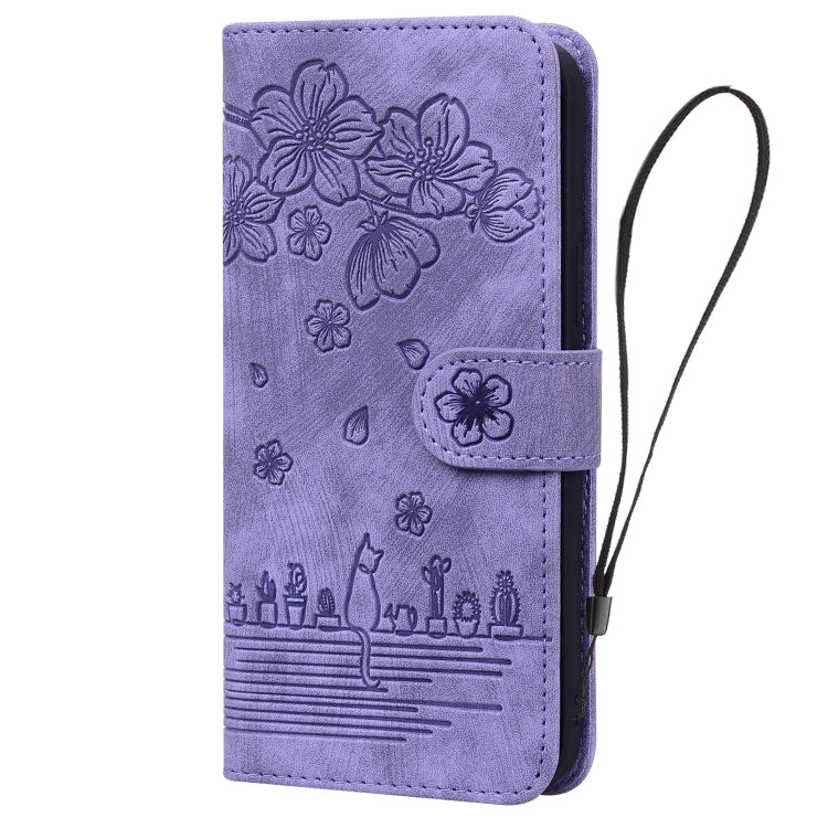For Samsung Galaxy A26 / A16 5G Cartoon Sakura Cat Embossed Leather Phone Case