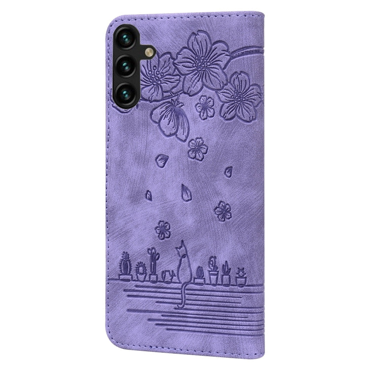 For Samsung Galaxy A26 / A16 5G Cartoon Sakura Cat Embossed Leather Phone Case
