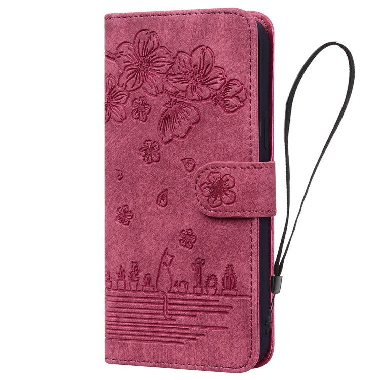 For Samsung Galaxy A26 / A16 5G Cartoon Sakura Cat Embossed Leather Phone Case