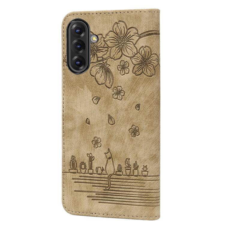 For Samsung Galaxy A56 / A36 Cartoon Sakura Cat Embossed Leather Phone Case
