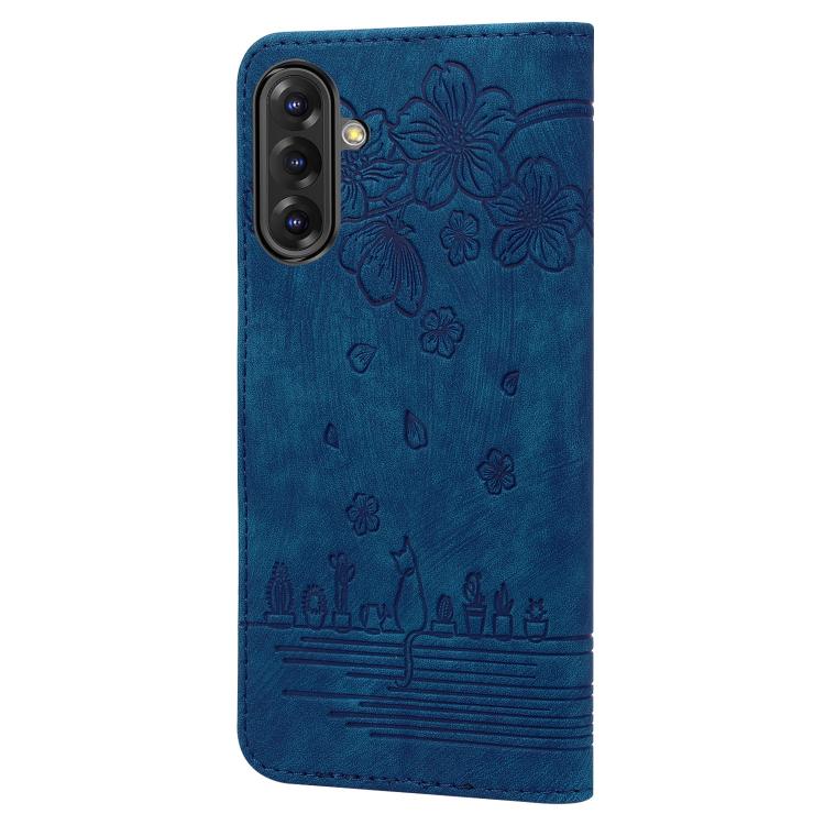 For Samsung Galaxy A56 / A36 Cartoon Sakura Cat Embossed Leather Phone Case