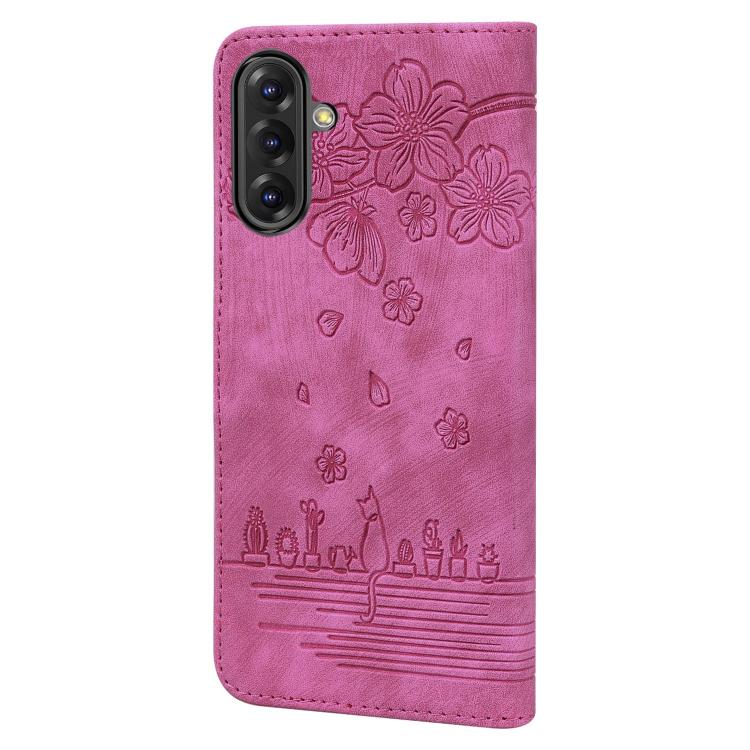 For Samsung Galaxy A56 / A36 Cartoon Sakura Cat Embossed Leather Phone Case