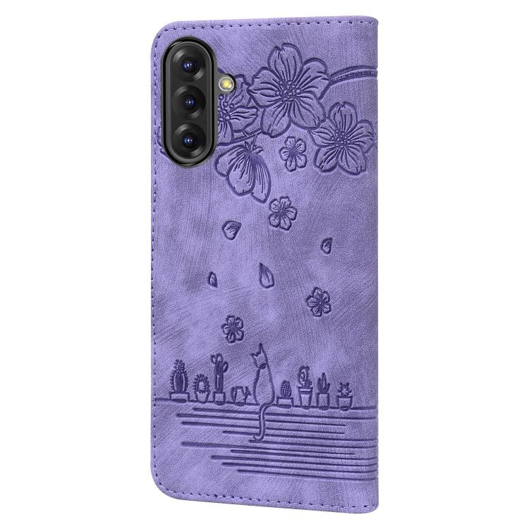 For Samsung Galaxy A56 / A36 Cartoon Sakura Cat Embossed Leather Phone Case