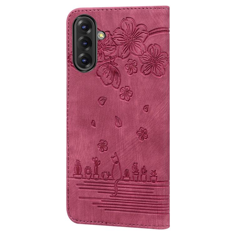 For Samsung Galaxy A56 / A36 Cartoon Sakura Cat Embossed Leather Phone Case