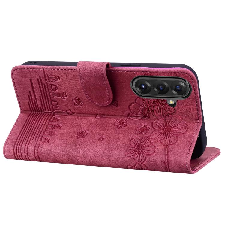 For Samsung Galaxy A56 / A36 Cartoon Sakura Cat Embossed Leather Phone Case
