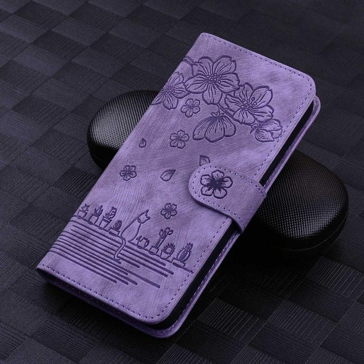 For Samsung Galaxy A37 5G Cartoon Sakura Cat Embossed Leather Phone Case