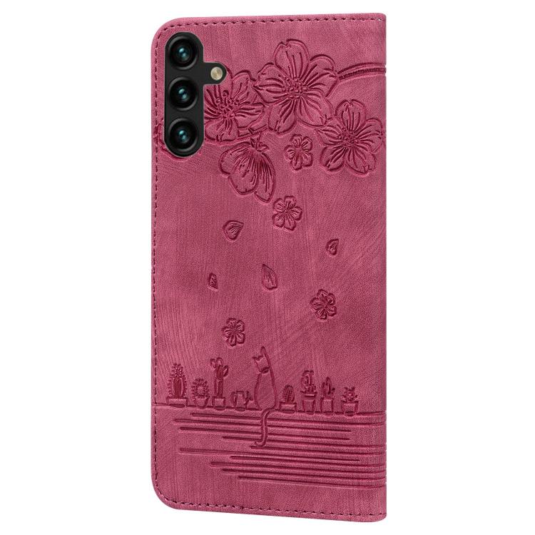 For Samsung Galaxy A37 5G Cartoon Sakura Cat Embossed Leather Phone Case