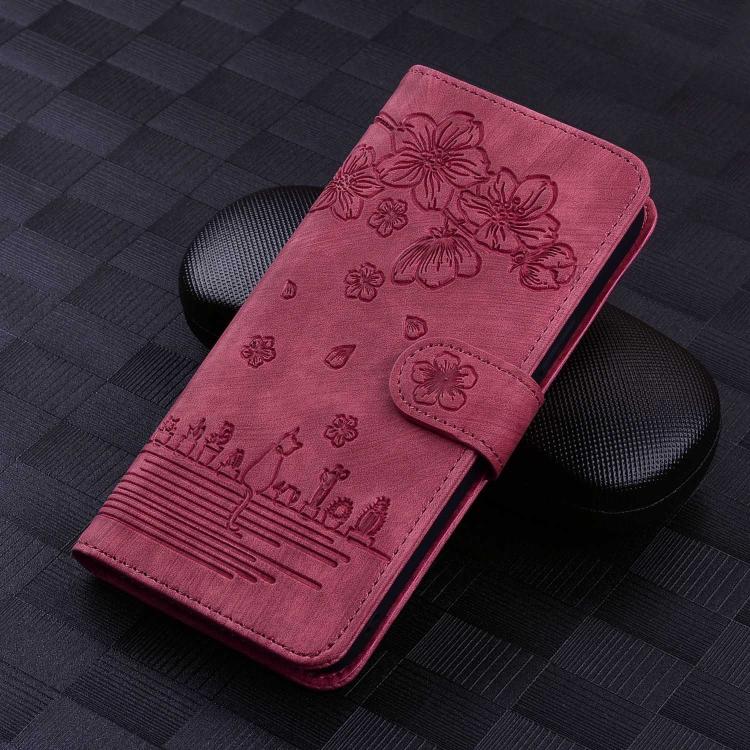 For Samsung Galaxy A37 5G Cartoon Sakura Cat Embossed Leather Phone Case