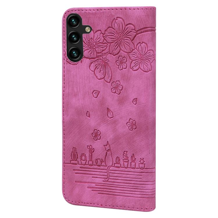 For Samsung Galaxy A57 5G Cartoon Sakura Cat Embossed Leather Phone Case