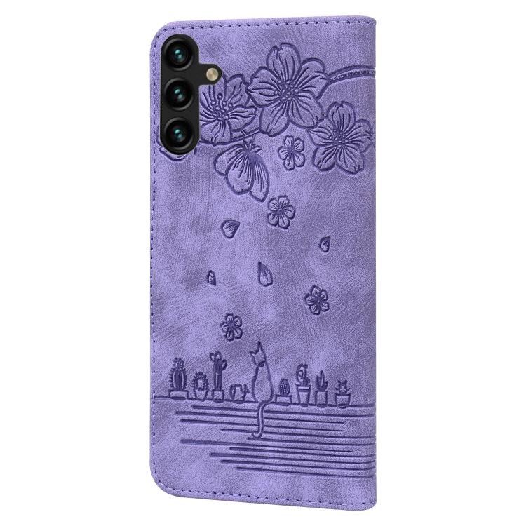 For Samsung Galaxy A57 5G Cartoon Sakura Cat Embossed Leather Phone Case