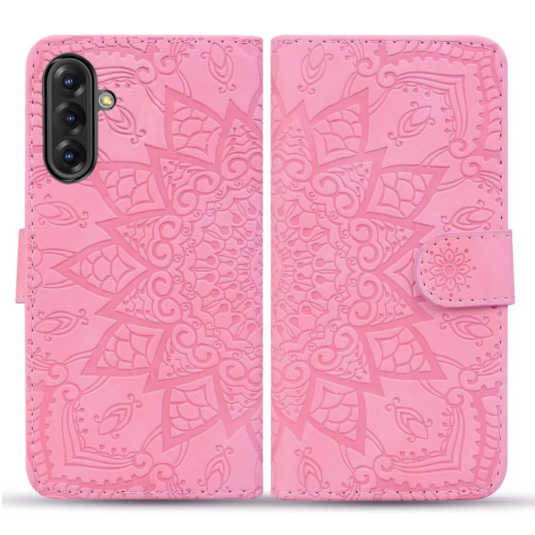 For Samsung Galaxy A36 / A56 Mandala Embossed Dual-Fold Calf Leather Phone Case