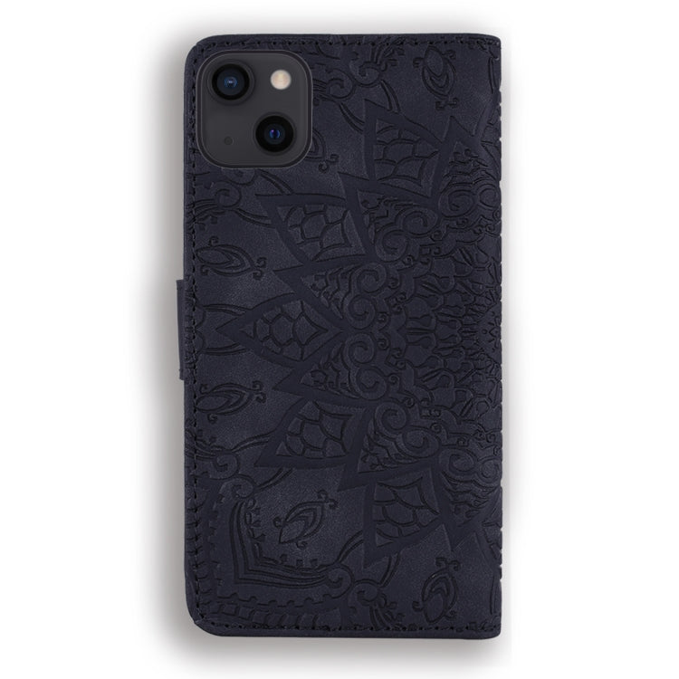 For iPhone 16 Pro Mandala Embossed Dual-Fold Calf Leather Phone Case