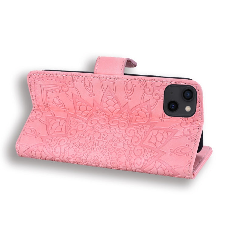 For iPhone 16 Pro Mandala Embossed Dual-Fold Calf Leather Phone Case
