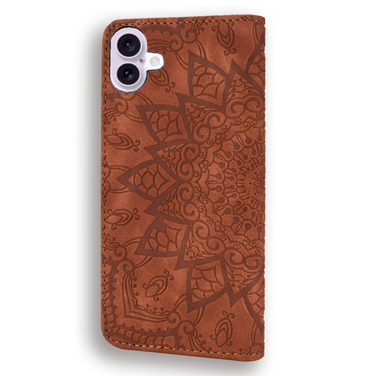 For iPhone 16 Plus Mandala Embossed Dual-Fold Calf Leather Phone Case