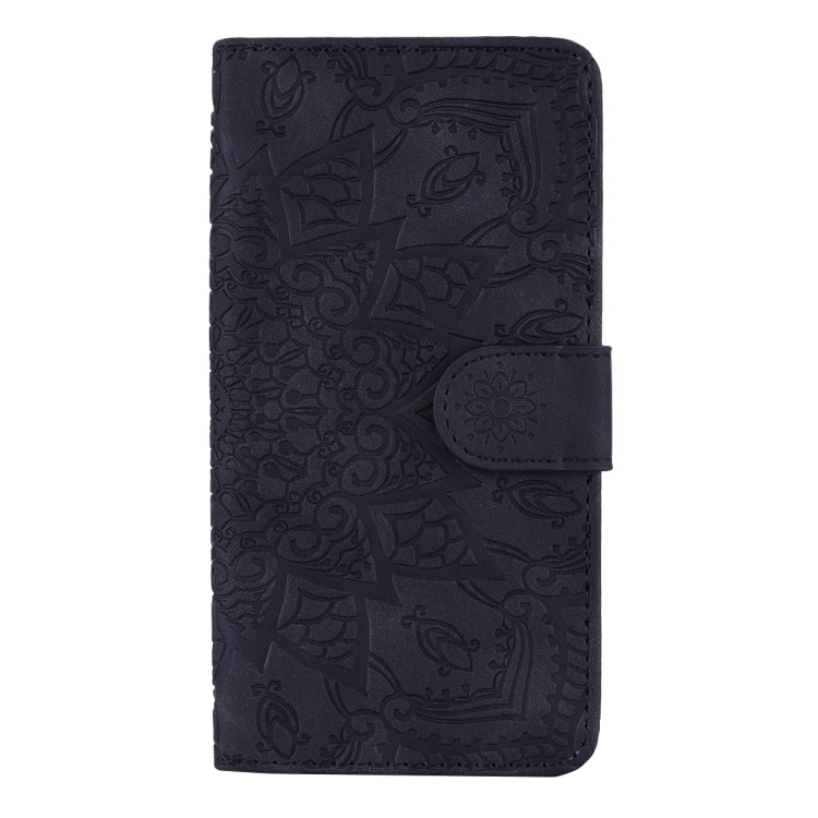 For iPhone 16 Plus Mandala Embossed Dual-Fold Calf Leather Phone Case