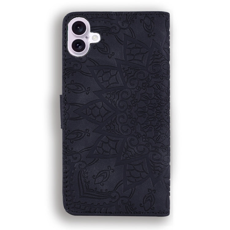 For iPhone 16 Plus Mandala Embossed Dual-Fold Calf Leather Phone Case