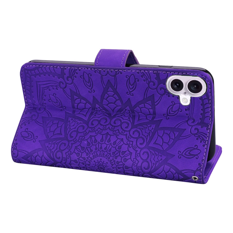 For iPhone 16 Plus Mandala Embossed Dual-Fold Calf Leather Phone Case