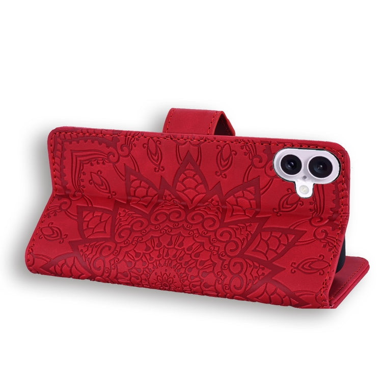 For iPhone 16 Plus Mandala Embossed Dual-Fold Calf Leather Phone Case