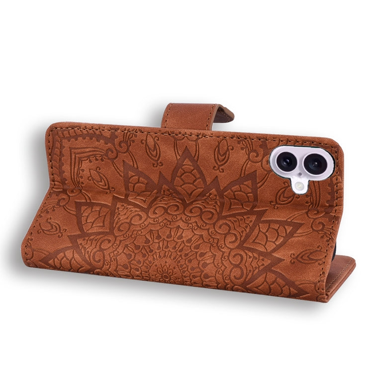 For iPhone 16 Mandala Embossed Dual-Fold Calf Leather Phone Case