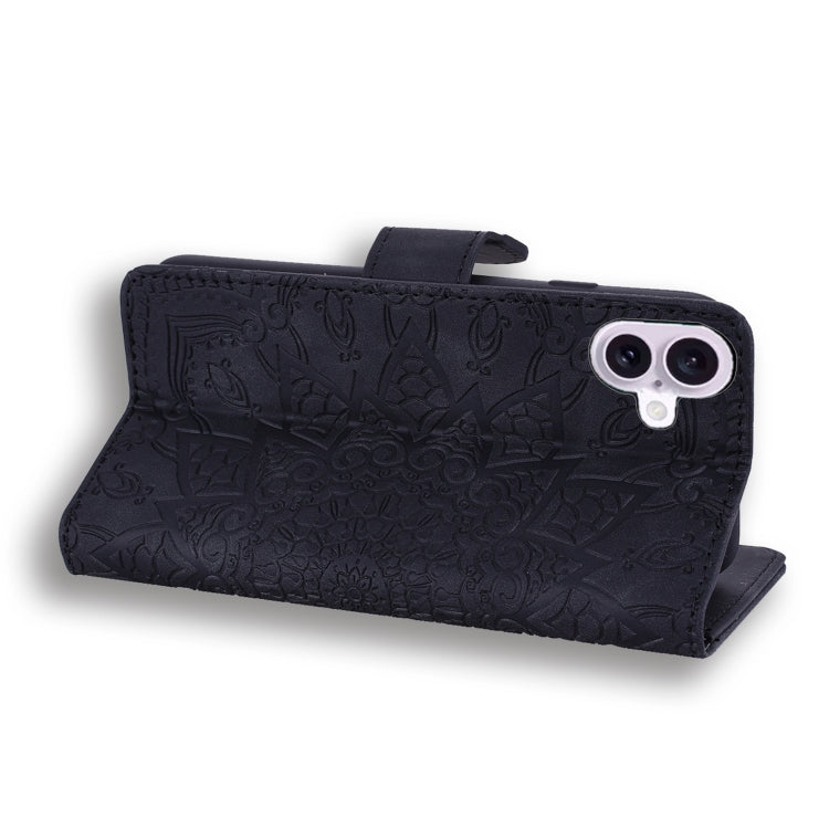 For iPhone 16 Mandala Embossed Dual-Fold Calf Leather Phone Case