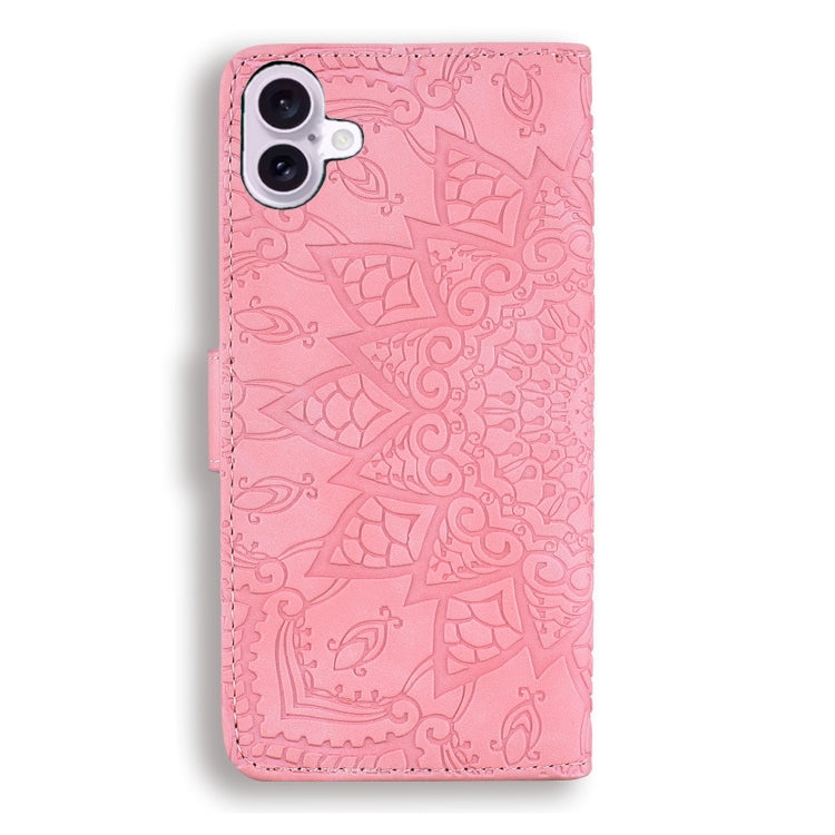 For iPhone 16 Mandala Embossed Dual-Fold Calf Leather Phone Case