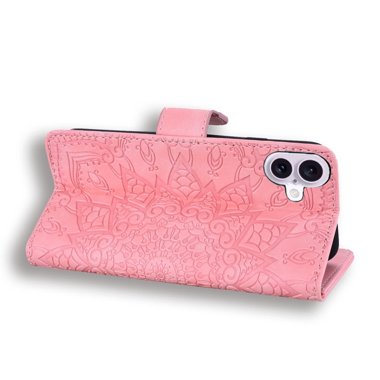 For iPhone 16 Mandala Embossed Dual-Fold Calf Leather Phone Case