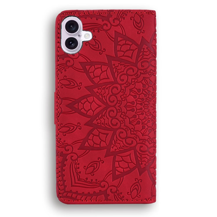 For iPhone 16 Mandala Embossed Dual-Fold Calf Leather Phone Case