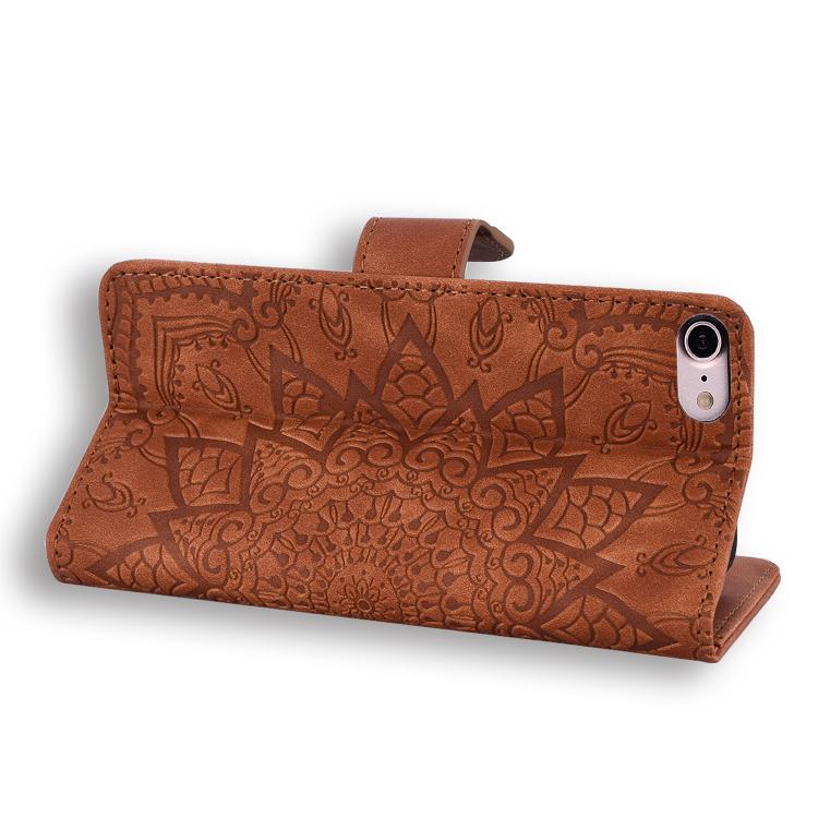 For iPhone 17e / 16e Mandala Embossed Dual-Fold Calf Leather Phone Case