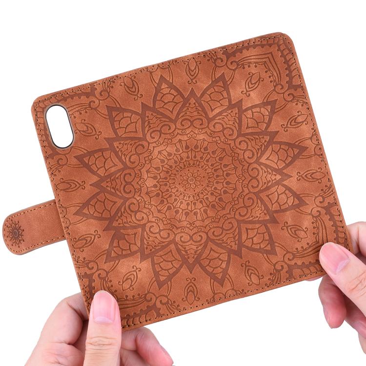 For iPhone 17e / 16e Mandala Embossed Dual-Fold Calf Leather Phone Case