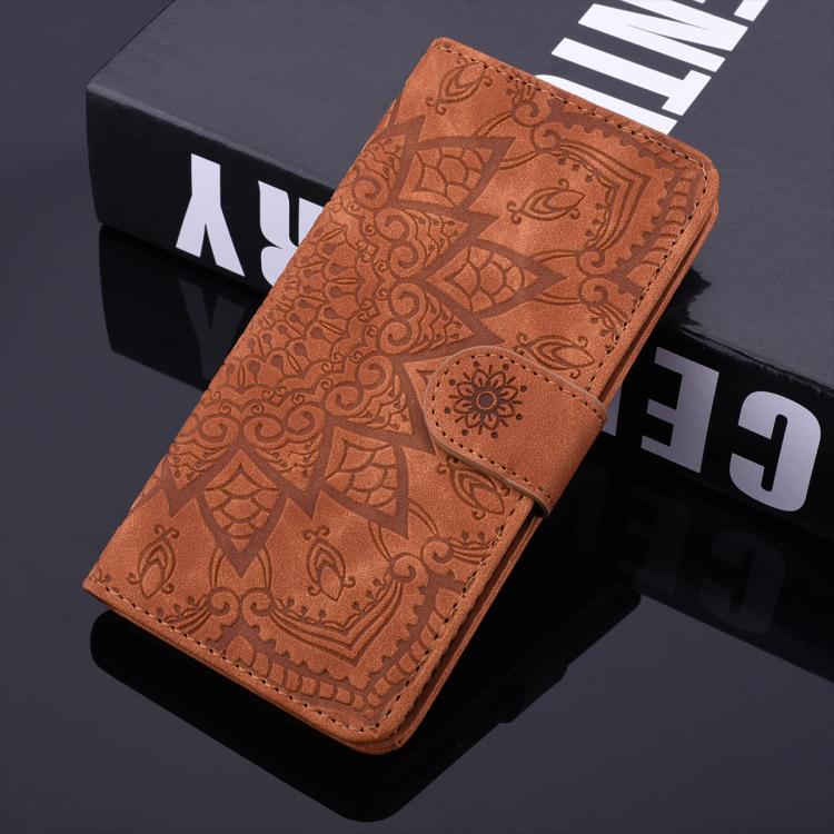 For iPhone 17e / 16e Mandala Embossed Dual-Fold Calf Leather Phone Case