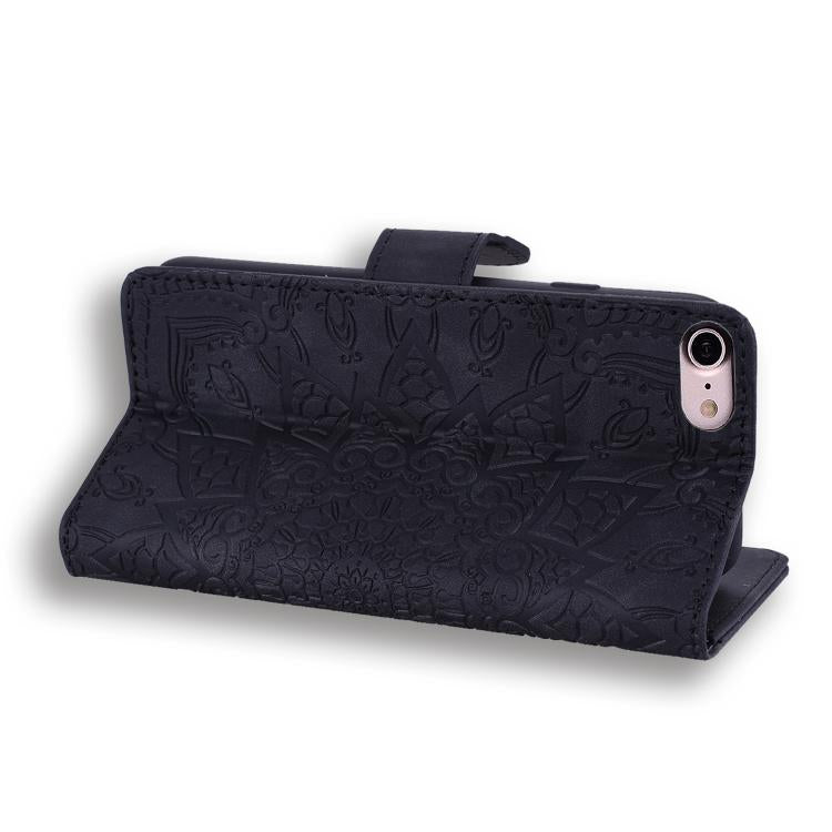 For iPhone 17e / 16e Mandala Embossed Dual-Fold Calf Leather Phone Case