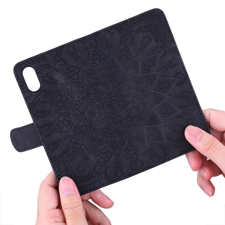For iPhone 17e / 16e Mandala Embossed Dual-Fold Calf Leather Phone Case