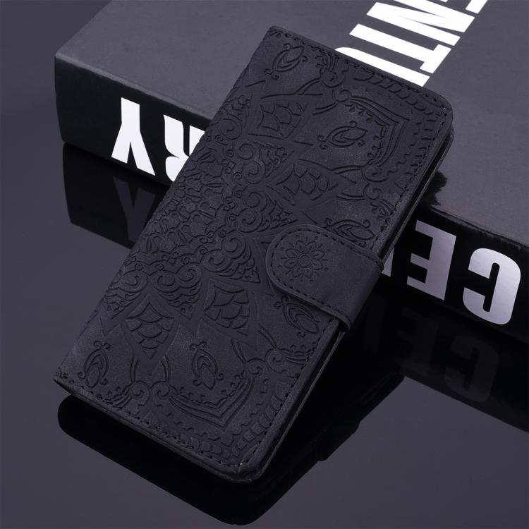 For iPhone 17e / 16e Mandala Embossed Dual-Fold Calf Leather Phone Case