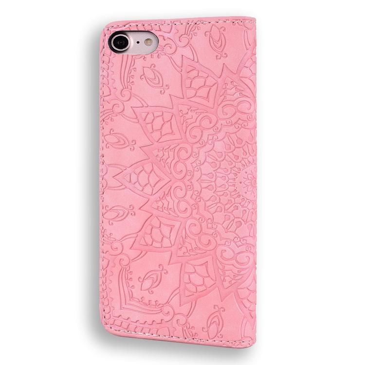 For iPhone 17e / 16e Mandala Embossed Dual-Fold Calf Leather Phone Case