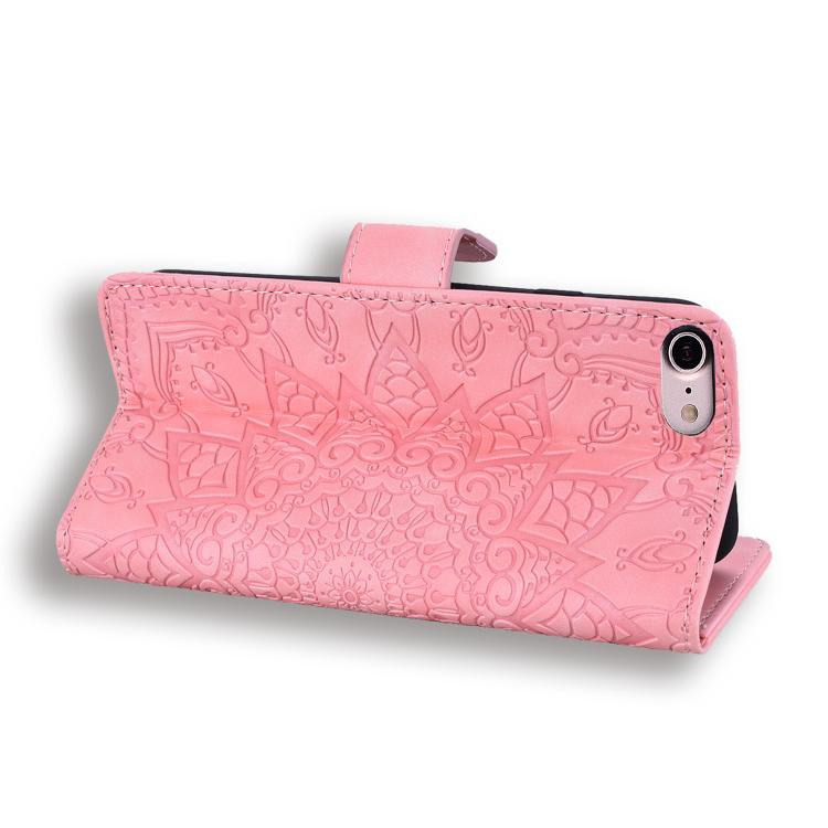 For iPhone 17e / 16e Mandala Embossed Dual-Fold Calf Leather Phone Case