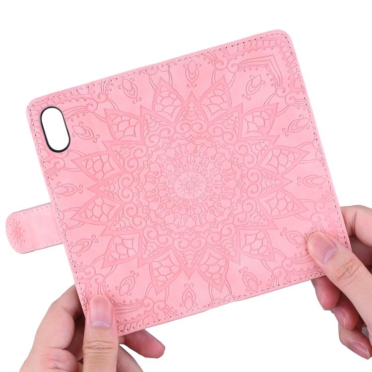 For iPhone 17e / 16e Mandala Embossed Dual-Fold Calf Leather Phone Case