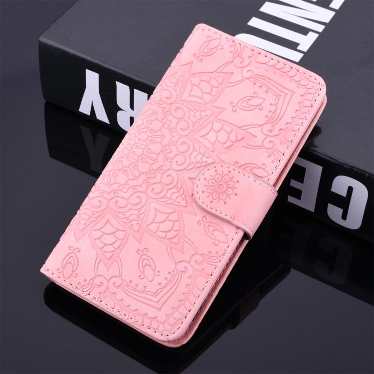 For iPhone 17e / 16e Mandala Embossed Dual-Fold Calf Leather Phone Case