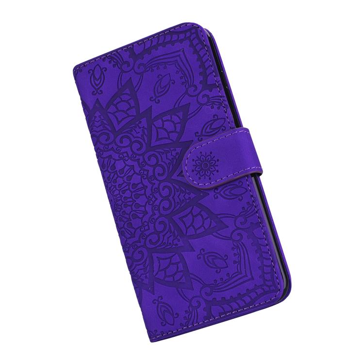 For iPhone 17e / 16e Mandala Embossed Dual-Fold Calf Leather Phone Case