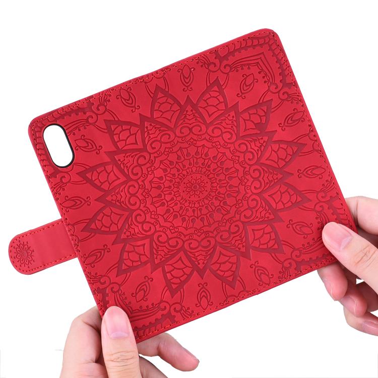 For iPhone 17e / 16e Mandala Embossed Dual-Fold Calf Leather Phone Case
