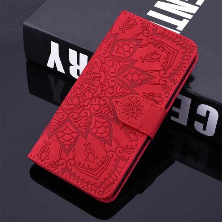 For iPhone 17e / 16e Mandala Embossed Dual-Fold Calf Leather Phone Case