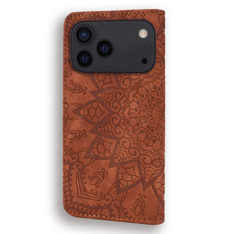 For iPhone 17 Pro Mandala Embossed Dual-Fold Calf Leather Phone Case