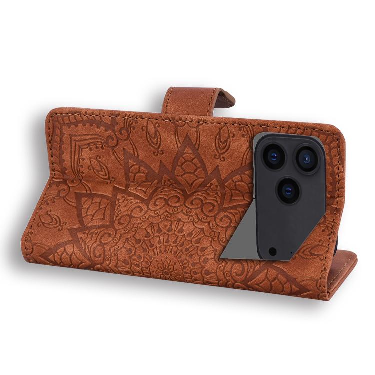 For iPhone 17 Pro Mandala Embossed Dual-Fold Calf Leather Phone Case