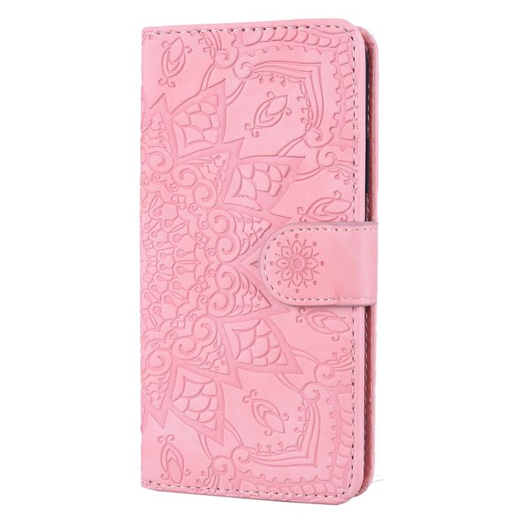 For iPhone 17 Pro Mandala Embossed Dual-Fold Calf Leather Phone Case