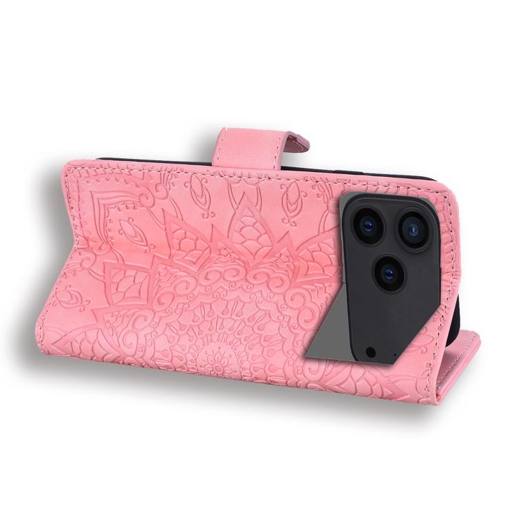 For iPhone 17 Pro Mandala Embossed Dual-Fold Calf Leather Phone Case