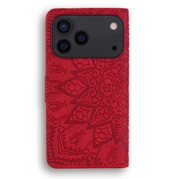 For iPhone 17 Pro Mandala Embossed Dual-Fold Calf Leather Phone Case