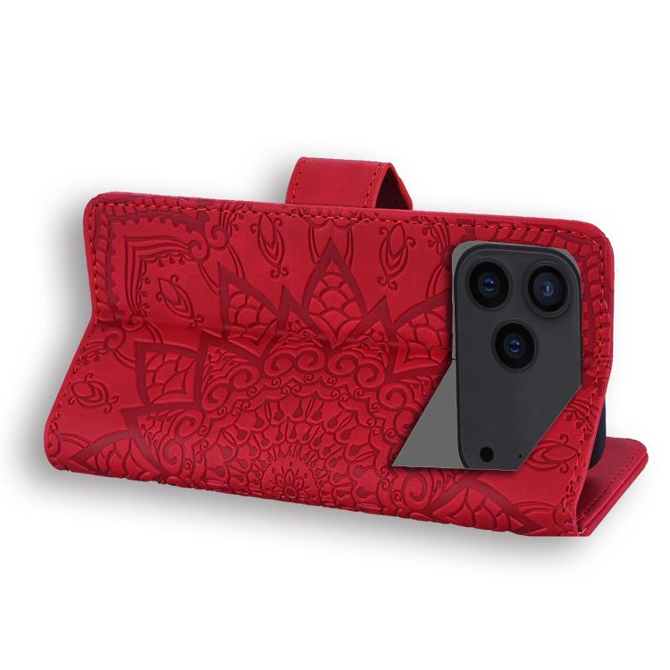 For iPhone 17 Pro Mandala Embossed Dual-Fold Calf Leather Phone Case