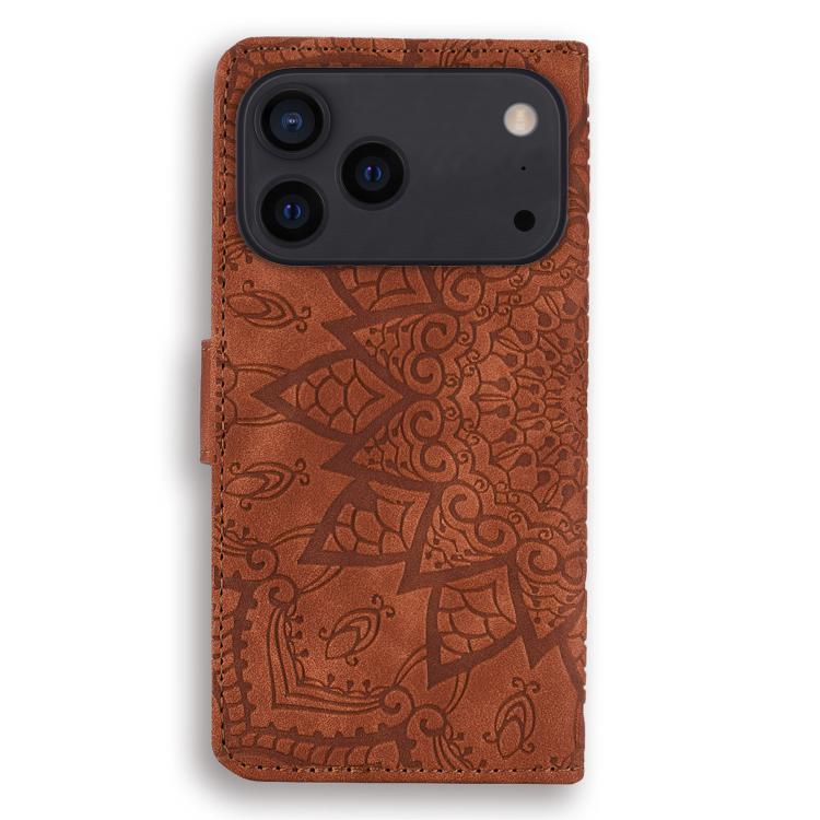 For iPhone 17 Pro Max Mandala Embossed Dual-Fold Calf Leather Phone Case