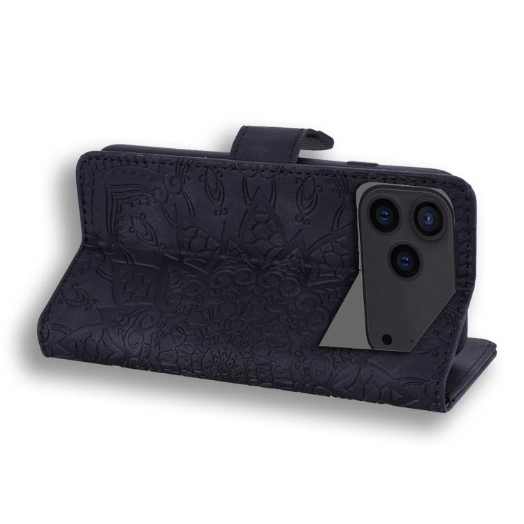 For iPhone 17 Pro Max Mandala Embossed Dual-Fold Calf Leather Phone Case